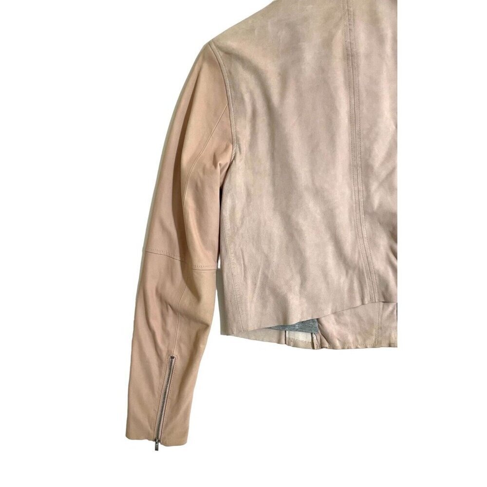 Paige Silvie Leather Moto Jacket Cropped Trim Pink Suede Leather Sz M - Picture 15 of 16